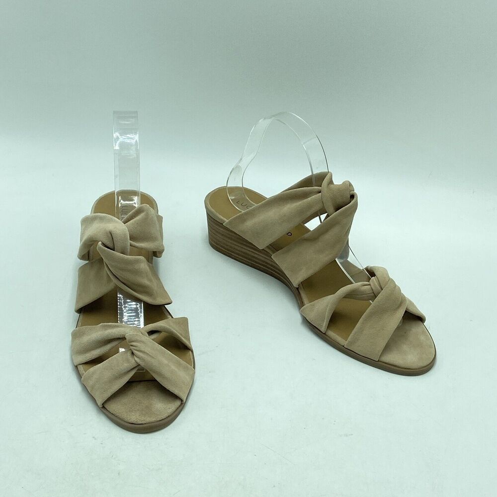 Lucky Brand 9M Wedges Brown Strappy Stacked Heel Suede Leather Career Office New